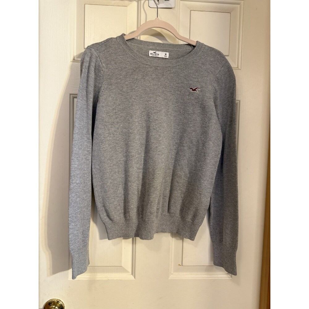 Hollister Women’s Gray Crewneck Sweater Medium Logo Pullover Long Sleeve